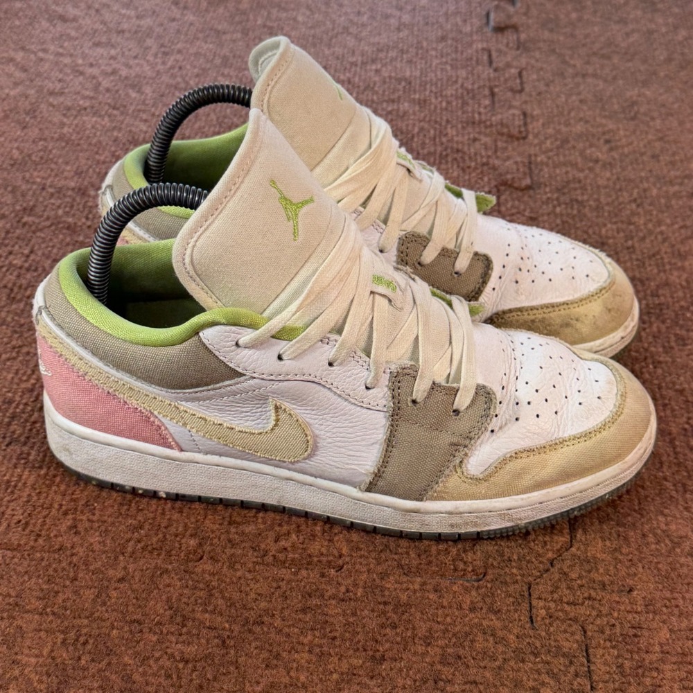 Jordan 1 Low SE GS White Lime Pink Canvas Sneakers DJ0341-100 Mens 7Y Women 8.5